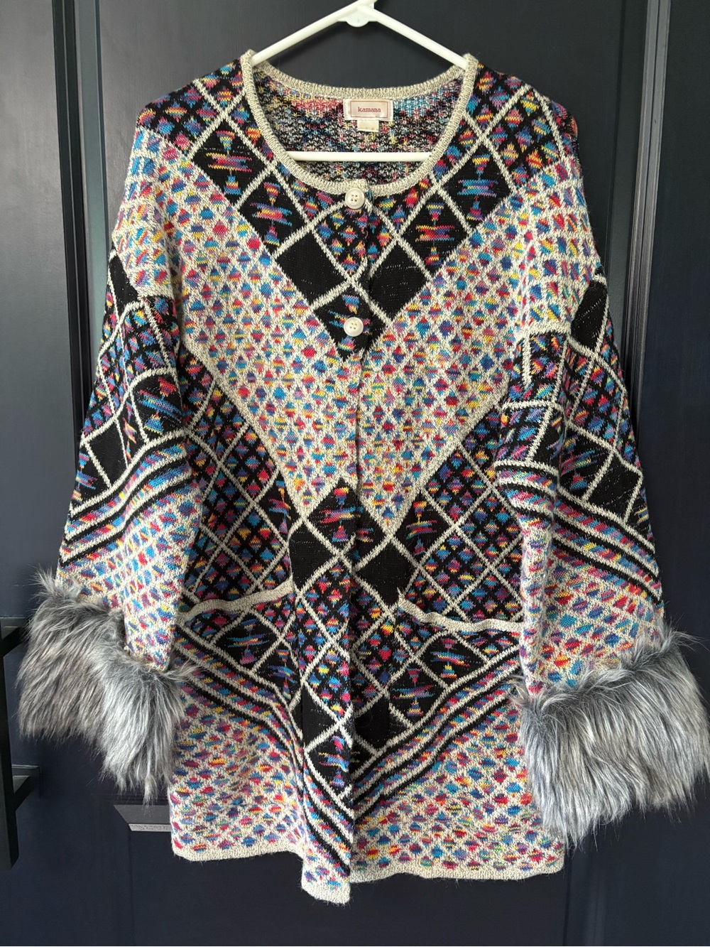 Kamana XL Boho Geometric Coatigan Cardigan Faux Fur Cuffs Art to Wear